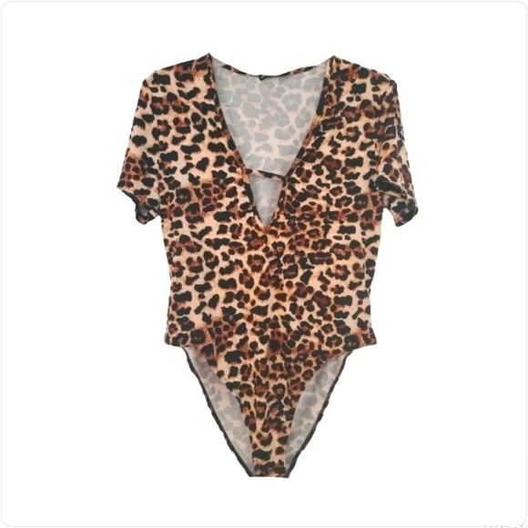 Animal Print Bodysuit Top Leopard Print Brown Black Stretch like New Size 0XL - Picture 1 of 14